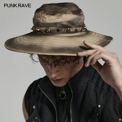 PUNK RAVE Men's Post Apocalyptic Style Distressed Hat Breathability Mesh Decadent Can Fold The Brim Casual Men Caps Sun Hats