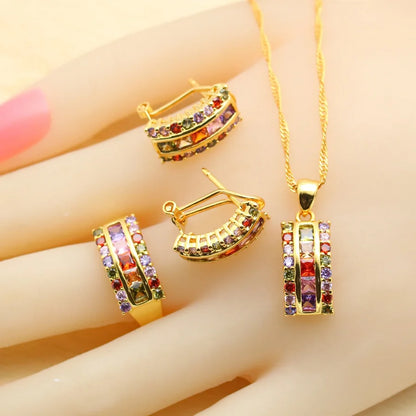 Conjuntos de joyas chapadas en oro con circonitas multicolores cuadradas para mujer, pendientes, collar, colgante, anillo, pulsera, regalo de cumpleaños