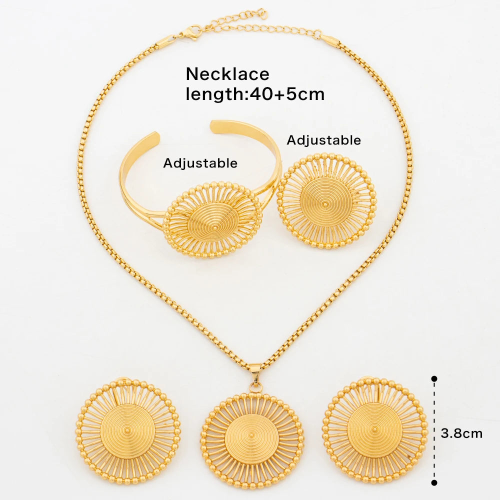 Luxury Gold Color Earrings Chain Hot Sale 45cm Necklace Bracelet Ring Dubai African Fashion Jewelry Set Party Anniversary Gift