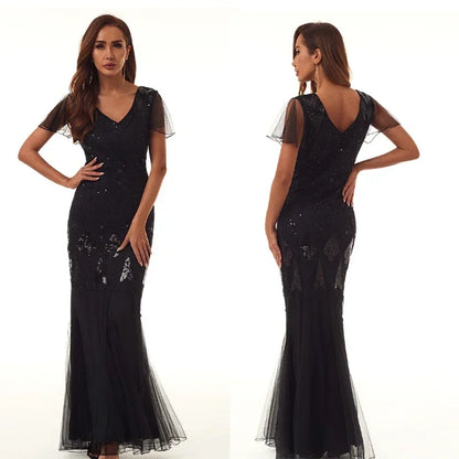 Retro 1920s Flapper Long Sequin Dress Banquet Party Evening Dress Ladies Gatsby Dress Wedding Gown Stage Cosplay Costume