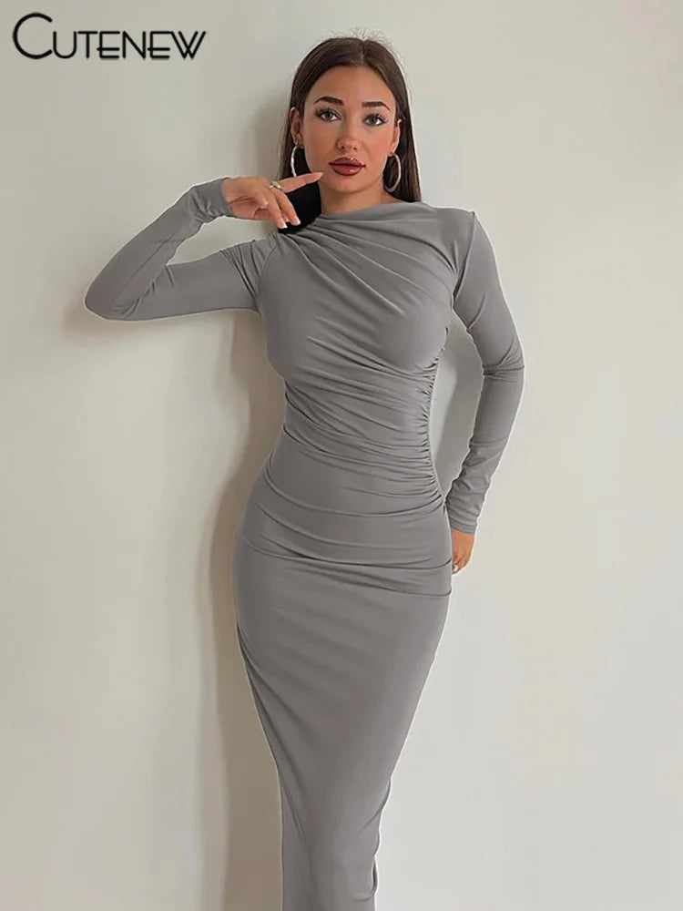 Vestido largo elegante de mujer de Cutenew con cuello redondo y parches, de manga larga, ajustado y con efecto moldeador, ropa de noche para mujer