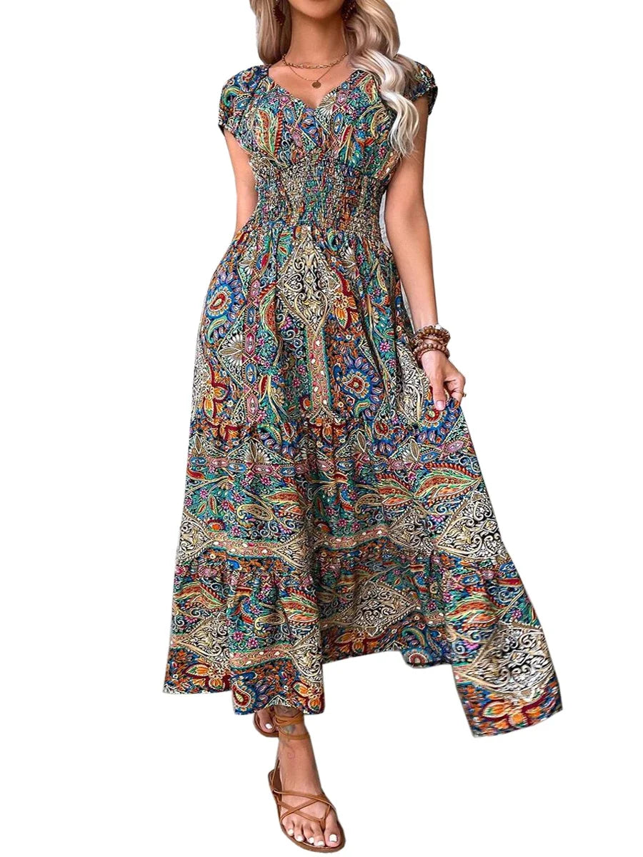 CYDNEE New Boho Paisley Print Dress Women Elegant V Neck Short Sleeve Summer Large Hem Long Dress Vintage Beach Party Maxi Dress