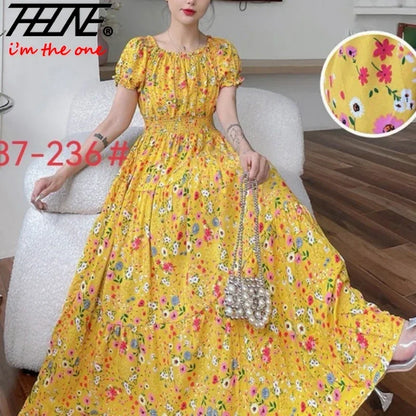 THHONE Vestidos Bata Maxi Vestido largo Mujer Verano Ropa india Bohemia Algodón Lino Floral Manga corta Estilo coreano Casual