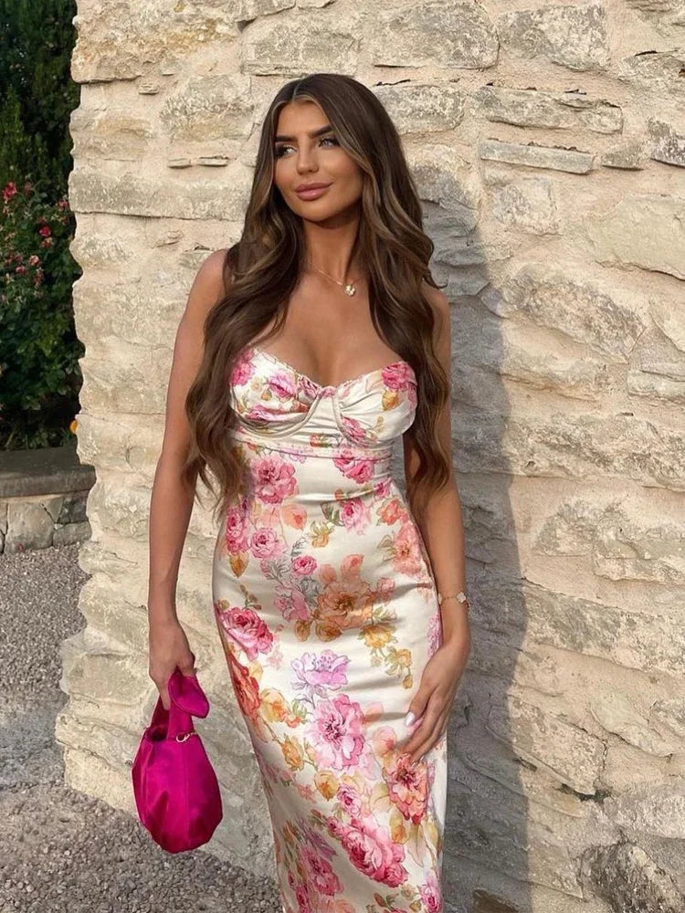 Suninheart Été Spaghetti Strap Floral Print Robes De Soirée Élégante Maxi Bodycon Mariage Invité Robe De Vacances Nouveauté Robe 2023