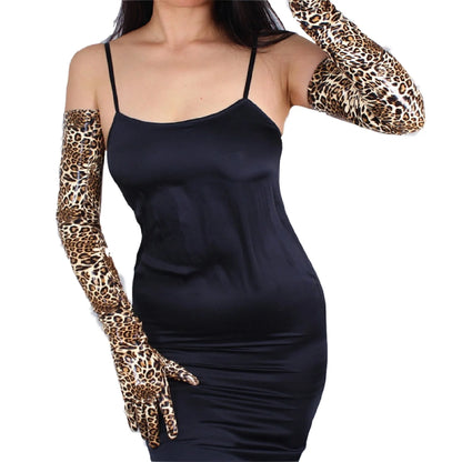 DooWay Animal Print Leopard GLOVES Brown Shine Latex Faux Leather 70cm Long Opera Evening Fashion Club Halloween Costume Glove