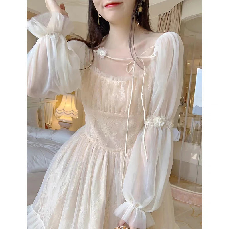 Robe Lolita Kawaii à manches longues pour femme, mini robe décontractée vintage, style féerique japonais, esthétique, une pièce