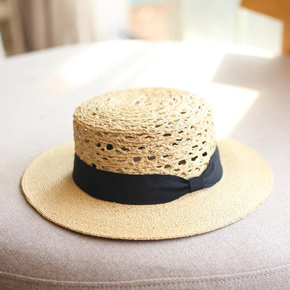 LongBaiLi Summer Casual Wide Brim Raffia Straw Sun Hat For Women Flat Top Panama Sun Protection Beach Hat