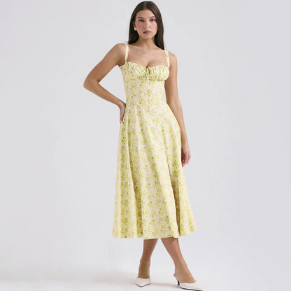 Oligai Summer Dresses for Women 2024 Elegant Long Party Dresses Yellow Flower Print Spaghetti Strap Casual Dress Midi Vestidos