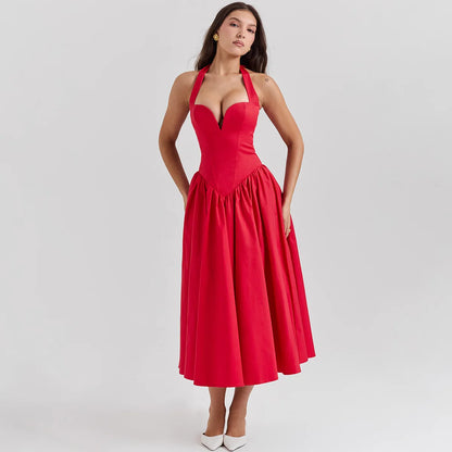 Oligai Summer Women Halter Dress 2024 Red Elegant Fit and Flare Birthday Dress Long Casual Sexy Dress Female Clothing