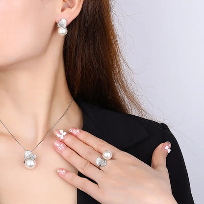 Conjunto de pendientes, collar y anillo de plata de ley 925 con doble corazón y perla grande para mujer, abalorio de circonita de moda, joyería de boda para mujer