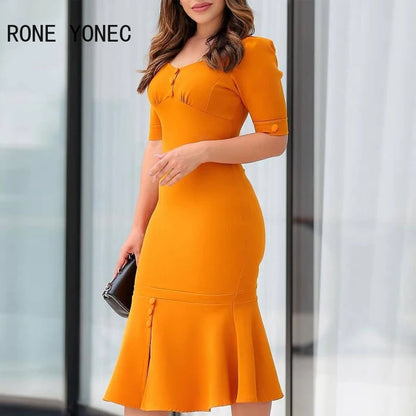 2024 Women Solid Short Sleeves Button Decoration Mermaid Bodycon Formal Party Dresses