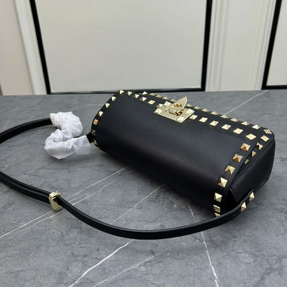 2024 New Arrival! Sleek Black Leather Shoulder Bag with Golden Rivets, Adjustable Strap, Platinum-Plated Hardware