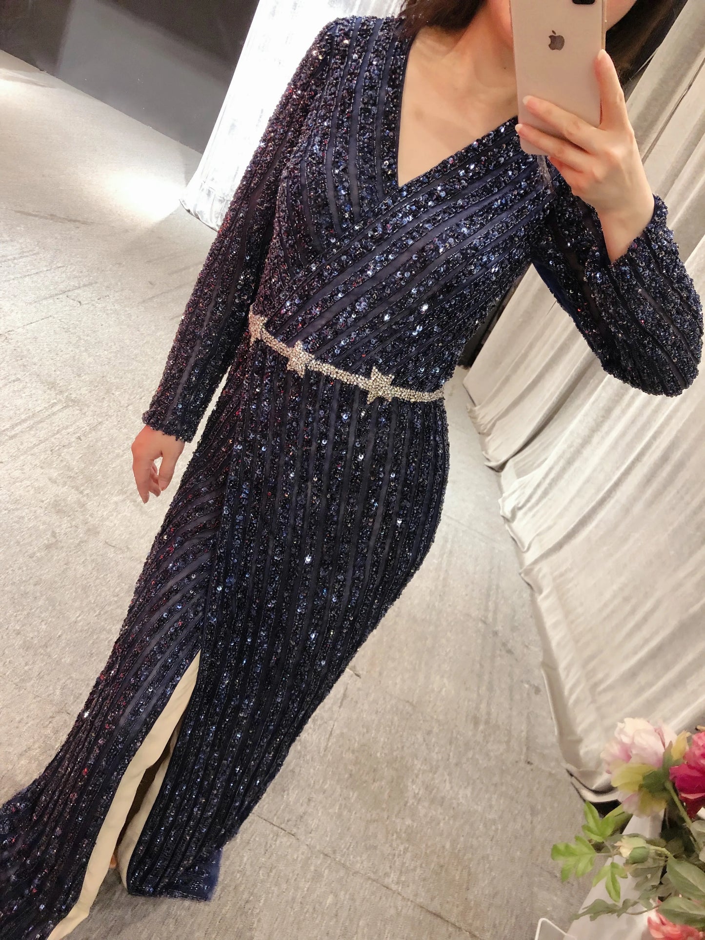 Real Pictures Elegant Navy Blue V-neck Long Sleeves Hand Sewing Beads Custom Made Floor Length Evening Party Dress for Wedding