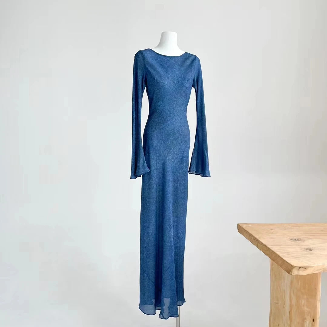 Vestido largo azul 100 % seda para mujer 2023 nuevo vestido largo de fiesta de manga larga acampanada