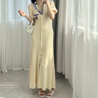 LUX Trendy Style French Paris Fashion Knit Long Dress for Women Classic Minimal Design Embroidery Stitch Dress Female Clothing