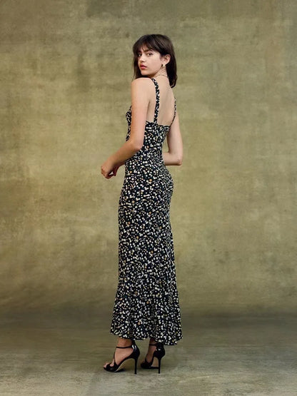 2023 New Women Silk Slim Long Dress Sexy Strapless Daisy Print Maxi dress