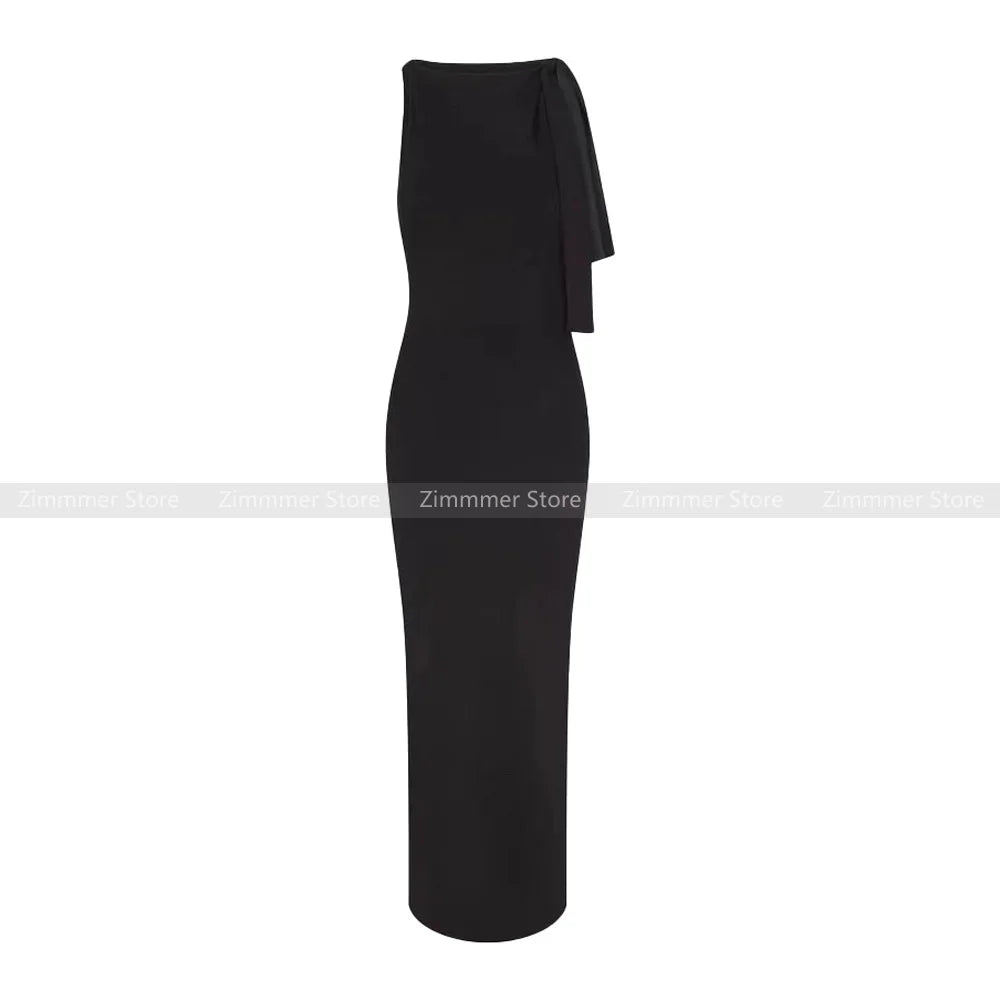 Robe longue asymétrique à épaules dénudées et à volants pour femme Design Sense Black Slim Slim Package Hip