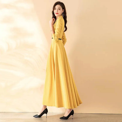 New Women Spring Autumn Long Dress Elegant Fashion Suit Collar Long Sleeve Slim Dress Simplicity Overlength Yellow Dress