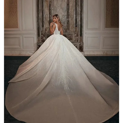 Vestidos de novia de lujo con cuello cuadrado, vestidos de sirena con lentejuelas y cuentas brillantes a la moda con cola desmontable, vestidos de novia blancos