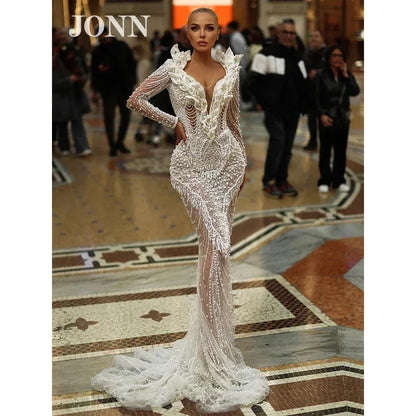 JONN 2024 Women's Luxury Party Dress, Sexy V-Neck Long Sleeve Maxi Gown with Pearl Sequin Tassels, Formal Occasion Wear