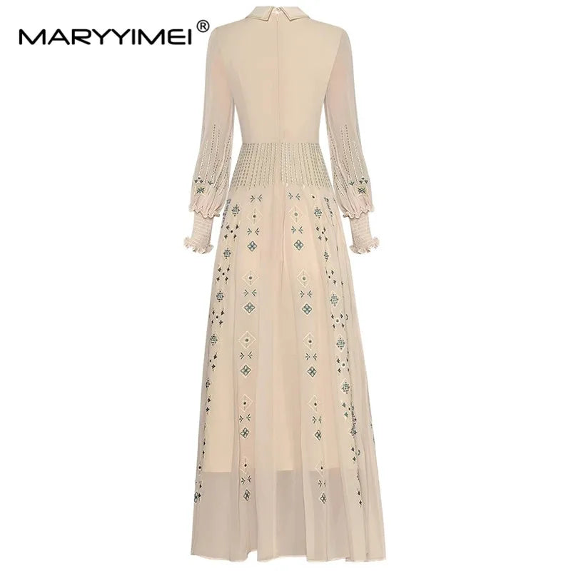 MARYYIMEI Diseñador de moda Vestido de primavera Vestido de mujer Cuello vuelto Linterna Manga larga Bordado de flores Vestidos vintage