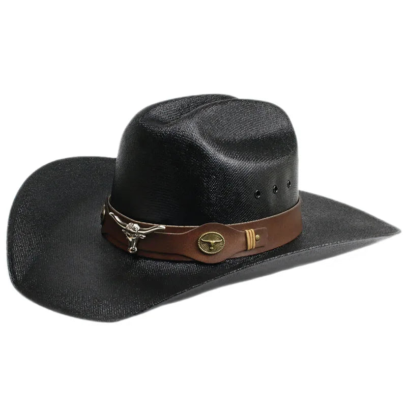 Sombrero de vaquero occidental retro con banda de cuero de vaca y cabeza de buey grande para hombre y mujer, estilo playa de Yellowstone, con ala ancha delantera, 57-61 cm