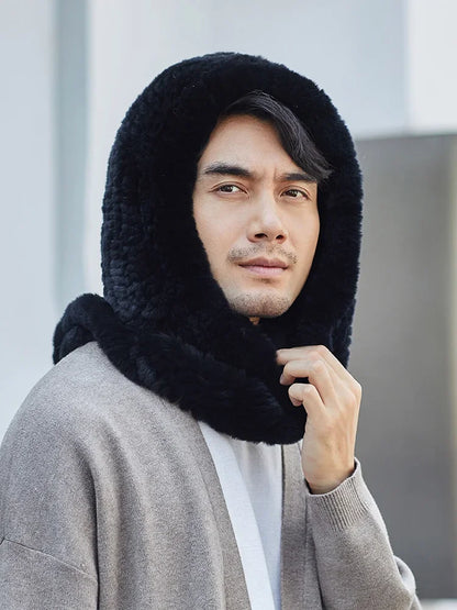 Men Real Rex Rabbit Fur Hat Scarf One-Pieces Winter Warm Earmuffs Snow Cap Headwear Black Grey