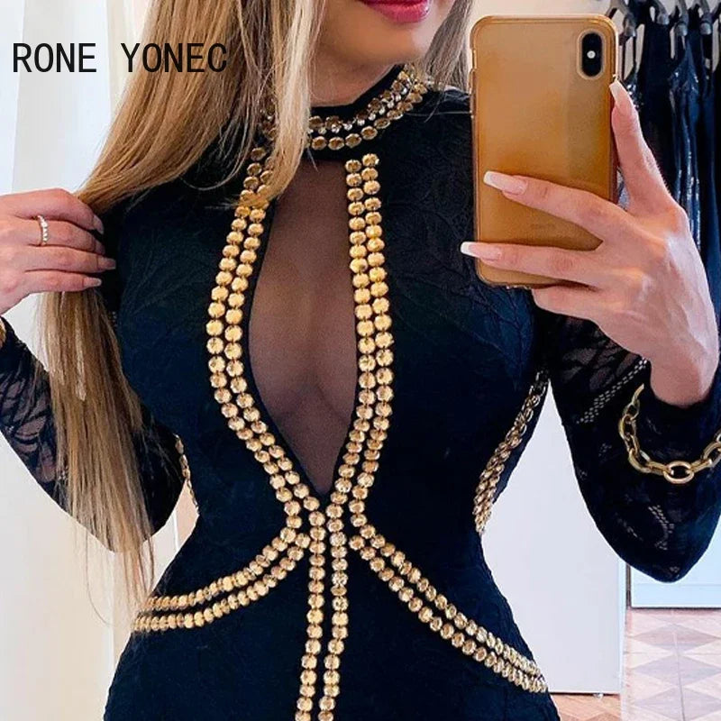 Women Sexy Patchwork Rhinestone Long Lace Sleeves Mesh Bodycon Mini Sexy Party Dresses