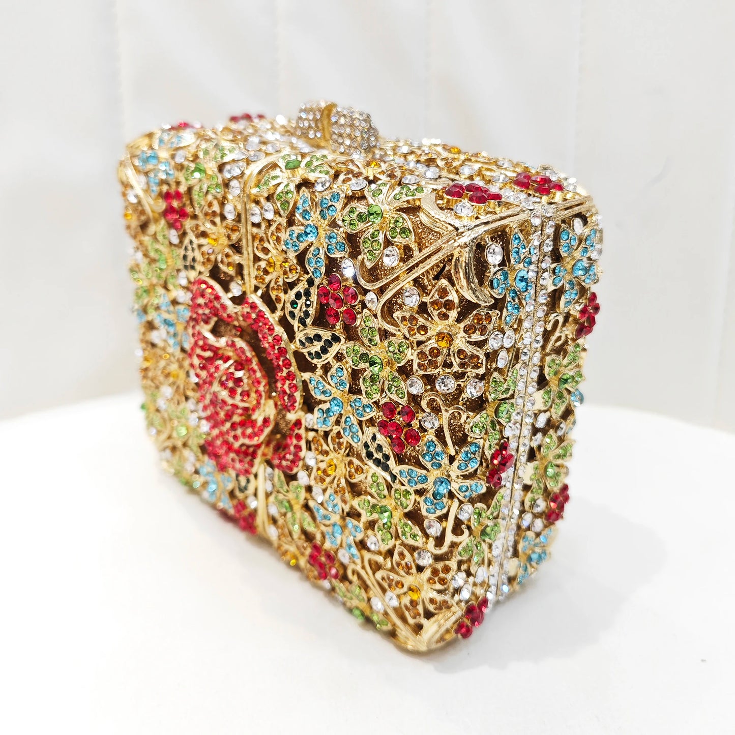 Sac de soirée carré à fleurs multicolores Pochettes en cristal Sacs à main de fête en métal dur doré Sacs à main pour femmes en diamant Sacs à main de bal en diamant