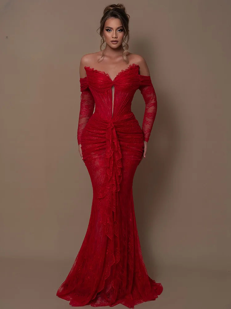 Party Dresses for Women Off Shoulder Long Sleeves Red Lace Mermaid Maxi Gown Formal Occasion Fashion Summer 2024