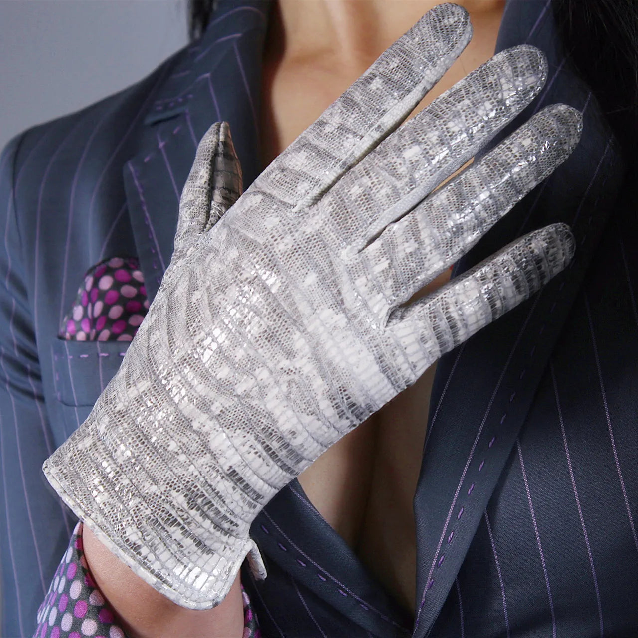 Gants en cuir véritable pour femme DooWay Silver LIZARD, poignet court de 22 cm, véritable peau d'agneau et crocodile, gants de soirée de Noël tendance