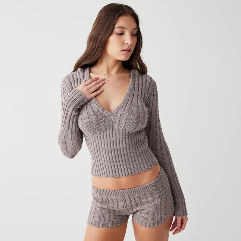 Oligai Women Solide Gray Twist Line Knitted Hooded Sweater Vintage Slim Crop Pullover Knitwear Full Sleeve 2 Set Tops White