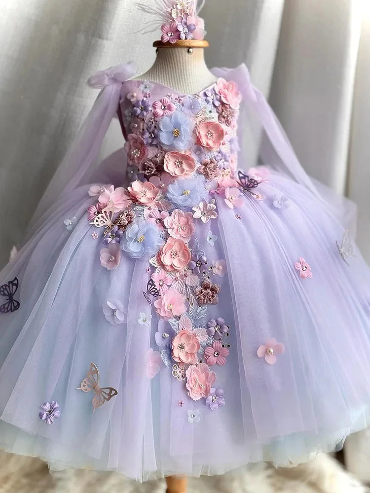 Vestido de gasa de princesa Lolita para niña, con tirantes de perlas y flores bordadas, vestido esponjoso para fiesta de cumpleaños y carnaval, ropa de actuación