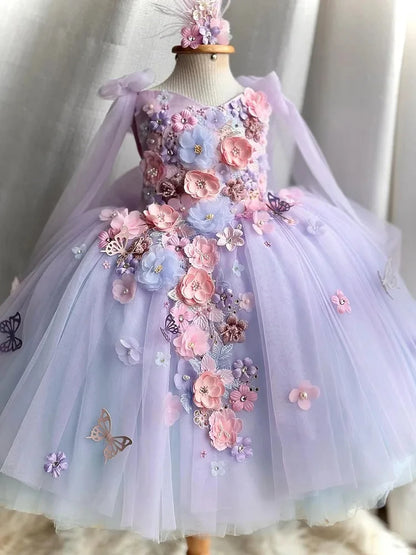 Robe en gaze princesse Lolita pour fille, brodée de fleurs et de perles, robe moelleuse, vêtements de spectacle pour carnaval, fête d'anniversaire