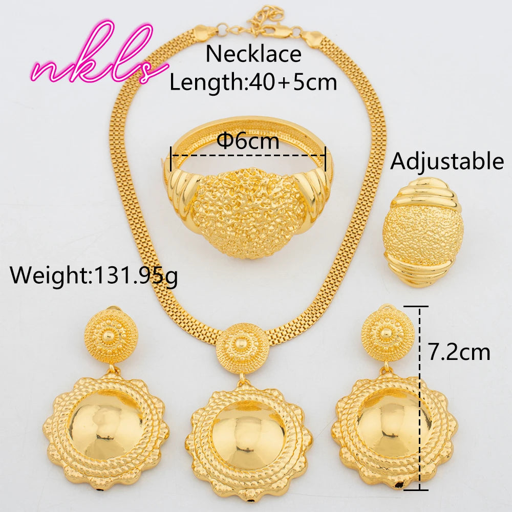 Dubai Round Design Luxury Gold Color Jewelry Set for Women African Fashion Bangle Earrings Necklace Ring Set Wedding Party Gift