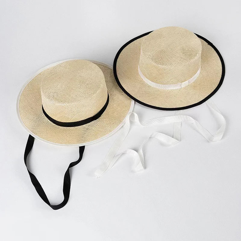 Nuevos sombreros de paja de sisal de verano para mujer, elegante sombrero de playa con cordones y parte superior plana, sombrero de canotier de lujo tejido a mano, gorra de jazz panameña