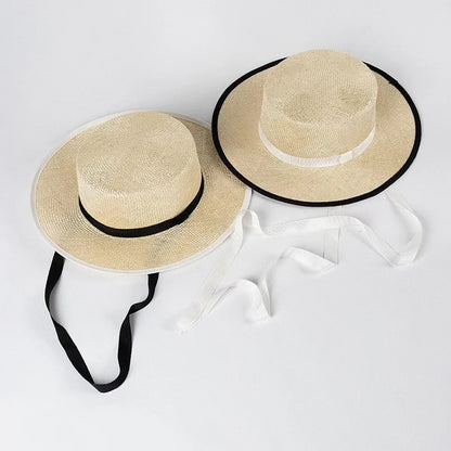 Nuevos sombreros de paja de sisal de verano para mujer, elegante sombrero de playa con cordones y parte superior plana, sombrero de canotier de lujo tejido a mano, gorra de jazz panameña