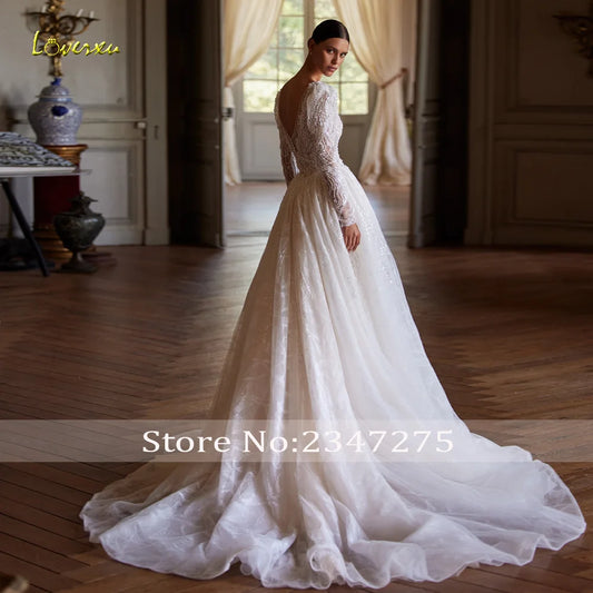 Loverxu Mermaid Luxury Wedding Dresses 2024 V-Neck Long Sleeve Vestido De Novia Lace Embroidery Detachable Train Bride Dress