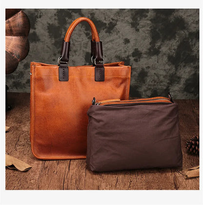 Genuine Leather Women Handbag 2024 New Square Tote Bag Diagonal Bag Female Retro Portable Briefcase Handmade Soft Leather