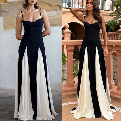 Elegante vestido de tirantes con escote en V, sin mangas, con parches en contraste, estilo vintage, con tirantes y vendaje, vestido de fiesta de lujo para invitada de boda