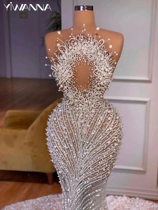 Sexy Illusion Strapless Bridal Dress Sparkly Sequins Pearls Wedding Gown 2024 Luxury Mermaid Long Bride Robe Vestido De Novia