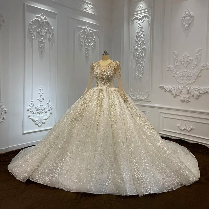 Robe de mariée de première qualité Jancember 2024 en organza à manches longues et perles à lacets et plis dos nu LSCJ04