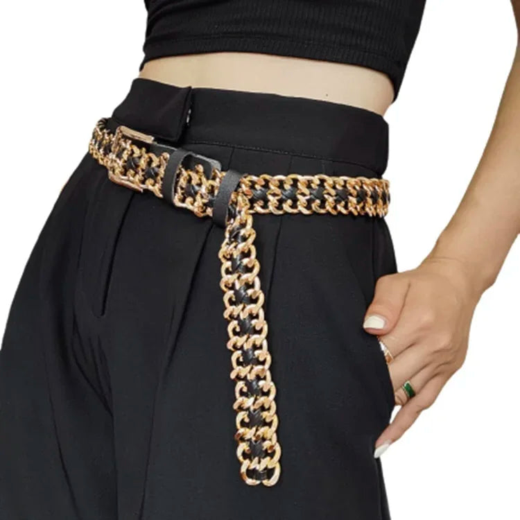 Pu Leather Black Metal Chain Punk Belt for Women with Gold Silver Buckle