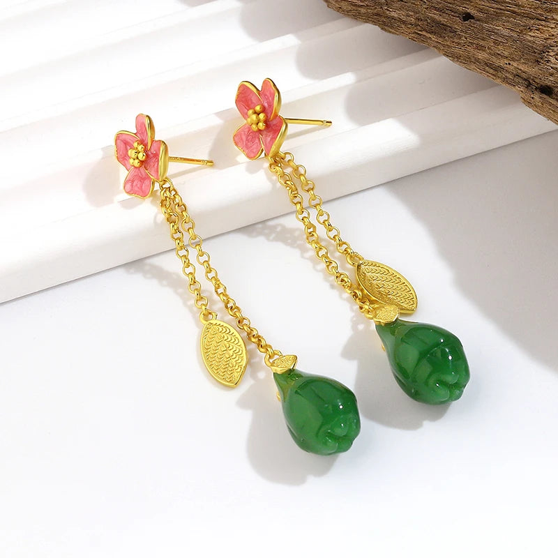 Boucles d'oreilles en or K avec fleurs dorées et racine de lotus, émeraude, jade, boucles d'oreilles pour femmes, bijoux de luxe de créateur, cadeaux pour petites amies