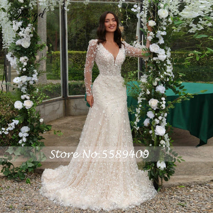 Vestido de novia de lujo con escote en V y manga larga, estilo sirena, con encaje y flores en 3D, cola desmontable