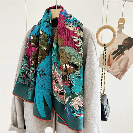 Women Blanket Scarf Shawl Cape 70% Wool 30% Silk Double-sided Printed Wraps for 2023 Autumn Winter