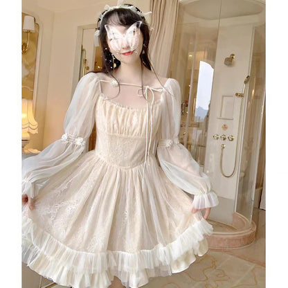 Vestido Lolita Kawaii de manga larga para mujer, vestido mini informal vintage, vestido de una pieza estilo estético de hada japonesa para mujer