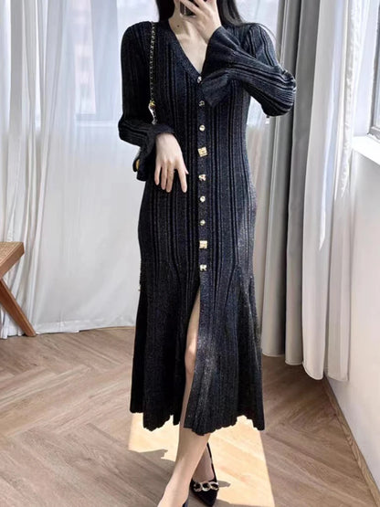 Autumn Winter New Temperament Knitted Long Fishtail Dress Women Elegant V-Neck Single-Breasted Micro Flared Sleeve Robe Ladies