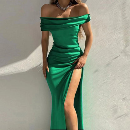 Robe de soirée sexy en velours à fente haute pour femme, tenue de bal à épaules dénudées, couleur unie, manches courtes, avec volants