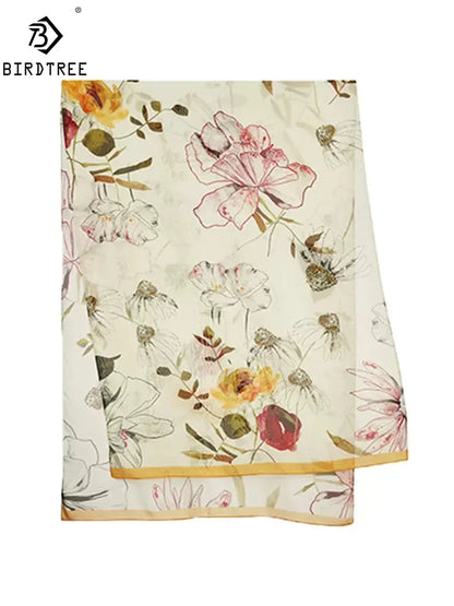 BirdTree, 10MM 100%Mulberry Slik Shawls, 180cm Women Chic Floral Print, Gift Original Design Scarf, 2024 Spring Autumn A462122QM